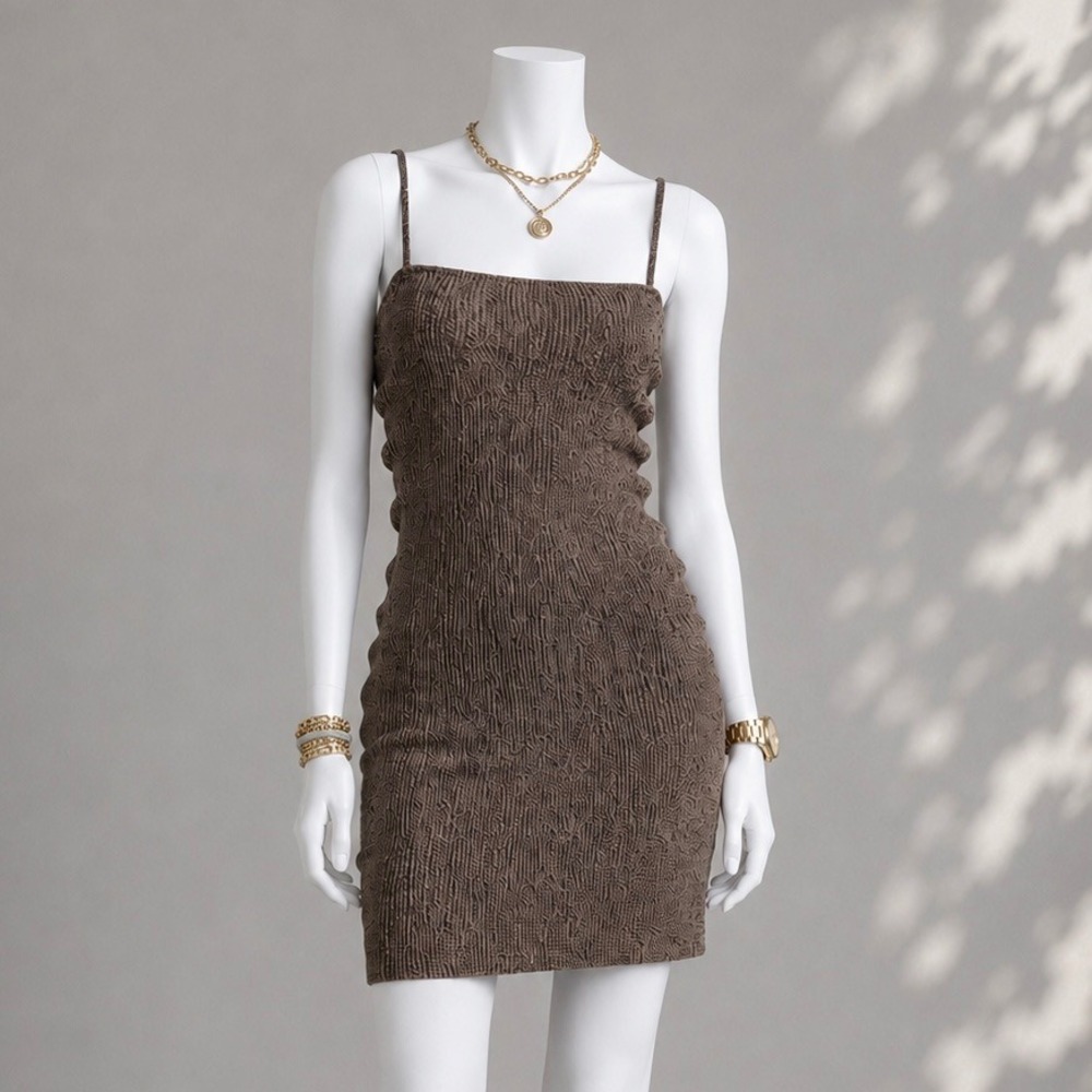 Ganni Ruched Mini Dress S Brown Ribbed Knit Stretch Bodycon Minimalist Sheath